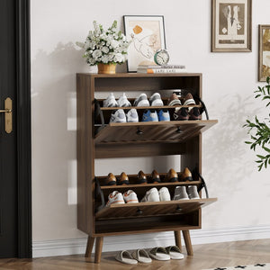 English Elm Medieval-style Entryway Shoe Cabinet Walnut Tilt-out Storage Grooved Upright Unit W1706P465289