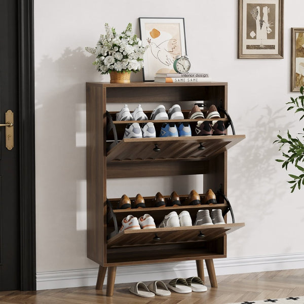 English Elm Medieval-style Entryway Shoe Cabinet Walnut Tilt-out Storage Grooved Upright Unit W1706P465289