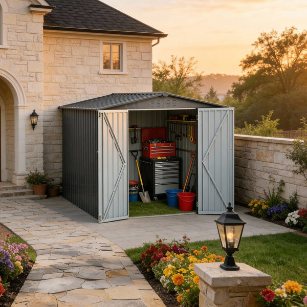 English Elm Metal Galvanized Steel Outdoor Shed with Double Doors for Backyard Tool Storage W5006S00001
