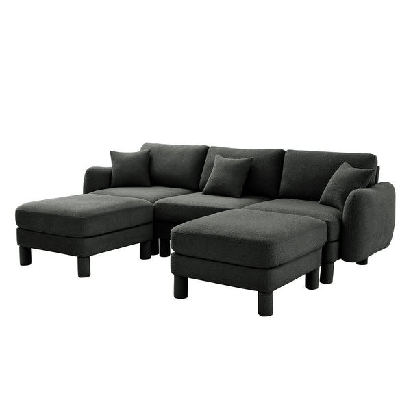 English Elm Boucle U-Shape Sectional Sofa With Shell Armrests & Movable Ottomans - Elegant Dark Grey Comfort W3041S00302
