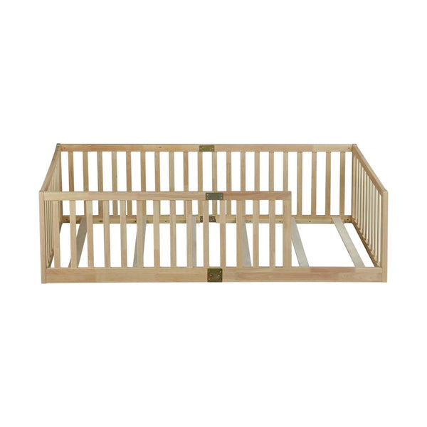 English Elm Twin House Frame Floor Bed Rubberwood with Roof Canopy and Safety Rails for Kids Natural W504P429531