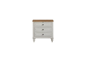 English Elm 3 Drawer Nightstand with USB Ports, Cement & Sand Mindi Veneer, Felt & Cedar Lined Drawers, Pull-Out Tray White 31.25 L x 20.5 W x 27.5 H B2699P395252