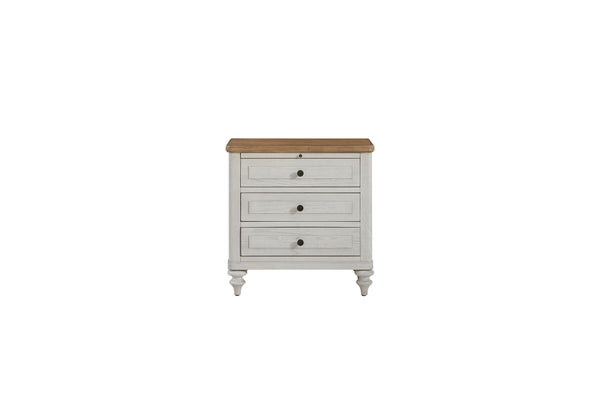 English Elm 3 Drawer Nightstand with USB Ports, Cement & Sand Mindi Veneer, Felt & Cedar Lined Drawers, Pull-Out Tray White 31.25 L x 20.5 W x 27.5 H B2699P395252