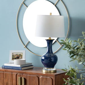 Crestview Collection 29"H Delaney Table Lamp - Elegant Blue Ceramic With Gold Accents, Crystal Ring & Linen Shade   Cvap2849
