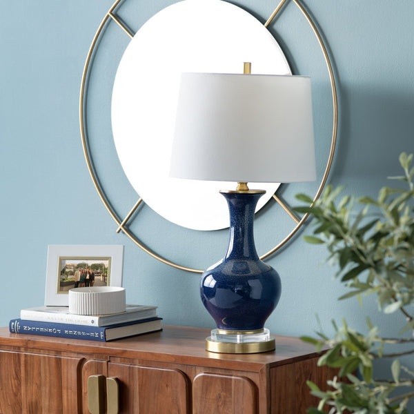 Crestview Collection 29"H Delaney Table Lamp - Elegant Blue Ceramic With Gold Accents, Crystal Ring & Linen Shade   Cvap2849