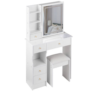 English Elm 29.2" Compact Left Drawer Vanity Table Set With Touch Control Led Mirror & Cushioned Stool For Small Spaces W3258P299611