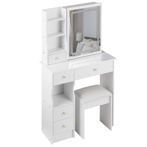 English Elm 29.2" Compact Left Drawer Vanity Table Set With Touch Control Led Mirror & Cushioned Stool For Small Spaces W3258P299611