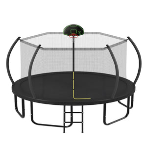 English Elm 14ft Round Outdoor Trampoline Galvanized Steel Frame Safety Net Basketball Hoop N739S000014B