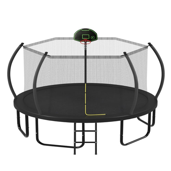 English Elm 14ft Round Outdoor Trampoline Galvanized Steel Frame Safety Net Basketball Hoop N739S000014B