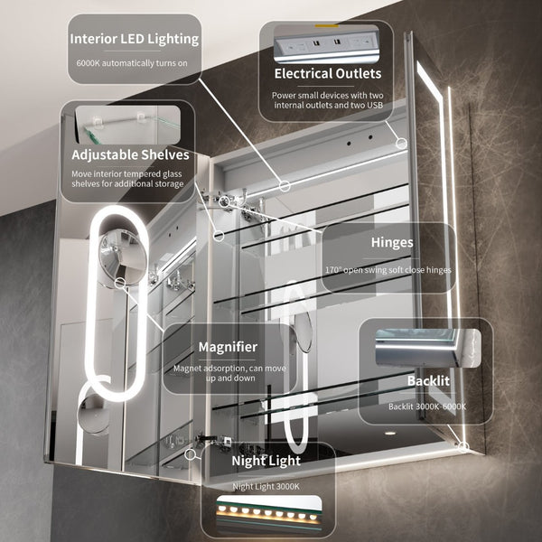 English Elm Smart Led Medicine Cabinet with Anti-fog Mirror Gfci Outlet and Blum Hinges 30x36 W637P382877