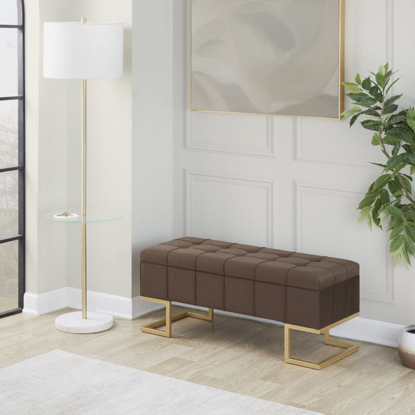 English Elm Storage Bench Button Tufted Velvet Seat Gold Steel Legs Glam Entryway Footboard B202P471511