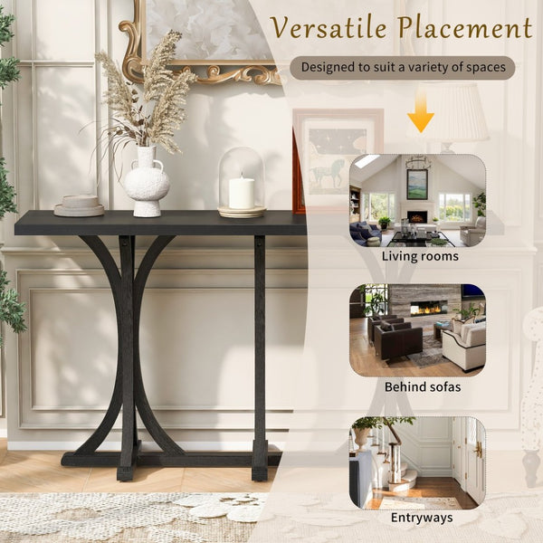 English Elm U-style Farmhouse Console Table Oak Veneer Top Curved Rubberwood Legs Entryway N711P295300B