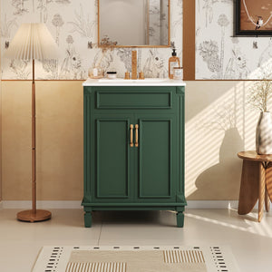 English Elm 24'' Bathroom Vanity with Sink - Solid Wood Frame, Glossy Ceramic Basin, Soft-Close Doors & Ample Storage Elegant Modern Design, Durable MDF Construction, Retro Metal Handles, Compact 24-inch Cabinet Green N710P317675F