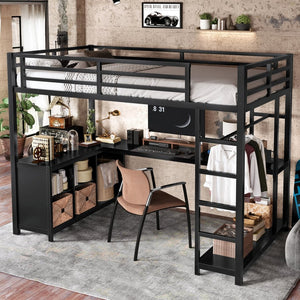 English Elm Metal Twin Xl Loft Bed with L Shaped Desk Wardrobe and Storage for Teens W1580S00370