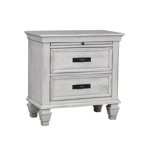 English Elm MDF Two-Drawer Nightstand with Pull-Out Tray, Cord Access, Distressed Antique White & Carved Legs B016P255544