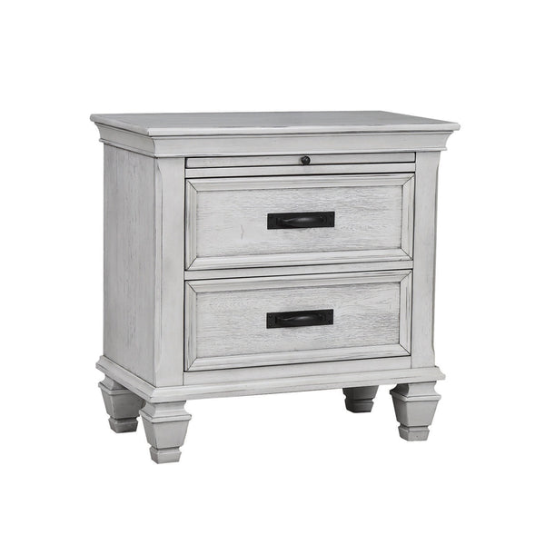 English Elm MDF Two-Drawer Nightstand with Pull-Out Tray, Cord Access, Distressed Antique White & Carved Legs B016P255544