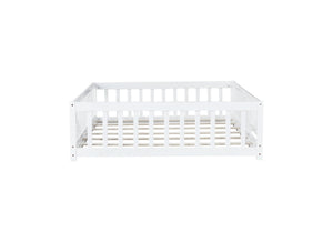English Elm Twin Solid Rubberwood Floor Bed with Full Perimeter Safety Rails for Toddler Rooms White W504P296786