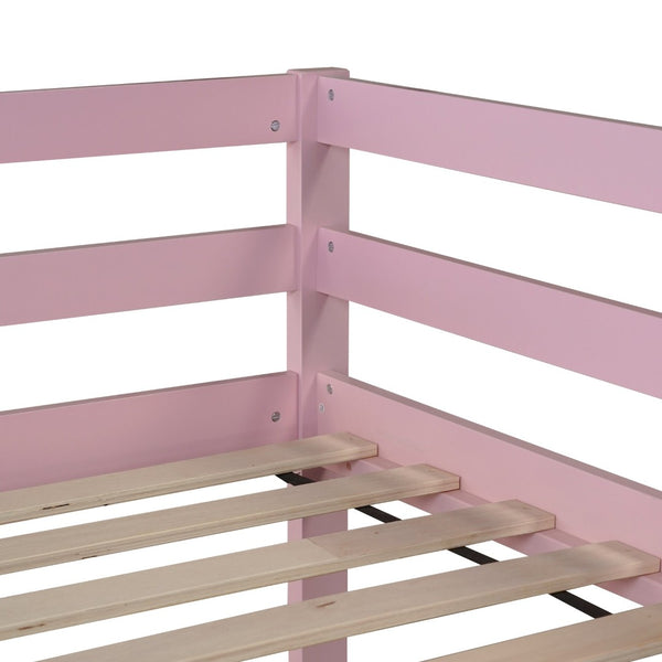 English Elm Solid Rubberwood Twin Over Twin Floor Bunk Bed - Sturdy, Stylish Pink Design With Ladder & Slats W504P191672-GIGA