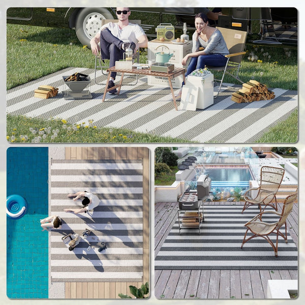 English Elm Outsunny Reversible Polypropylene Outdoor Rug 9x12 Striped Waterproof Mat with Carry Bag W2225P174546