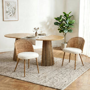 English Elm Solid Wood Extendable Dining Set with Woven Rattan Iron Frame Chairs Bohemian Style W3590S00015