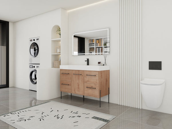 English Elm 48" Floating Bathroom Vanity Dual Ceramic Vessel Sinks Oak Finish Soft Close Doors W999S00527