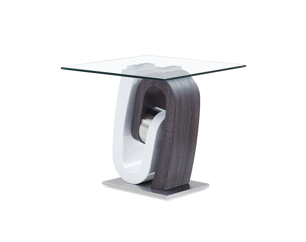 English Elm ROCKY Two-Tone End Table with Tempered Clear Glass Top, White & Gray Solid Wood Pedestal Base — Stylish Seating-Side Accent B201S00070