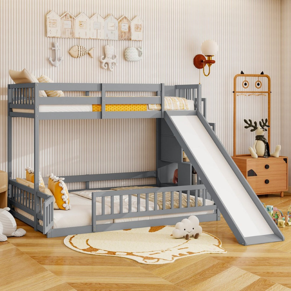 English Elm Twin Over Full Bunk Bed Solid Pine Frame with Built-in Slide and Storage Staircase Grey W504S00289