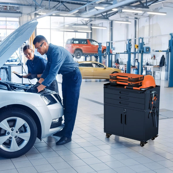 English Elm 34.3" Rolling Steel Tool Cabinet with 3 Drawers Lockable Doors and Pegboard Side Panels T2398P442672