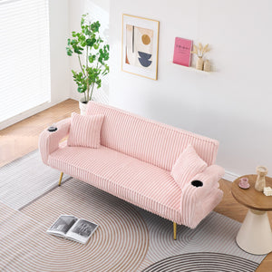 English Elm 74.01 Corduroy Convertible Sofa Bed with 3-Level Recline, Cup Holders, Solid Wood Frame, 500lb Capacity Pink W1658P251982
