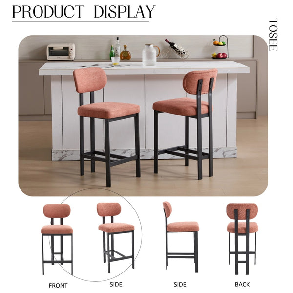 English Elm Bar Stools Set of 2 Upholstered Fabric Seat with Foam Cushion Black Metal Legs Orange W3244P310203
