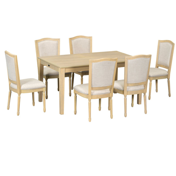 English Elm TOPMAX Rustic 7-Piece Solid Wood Extendable Dining Set with 18" Removable Leaf, 6 Upholstered Chairs, 2 Drawers Natural SP000078AAN