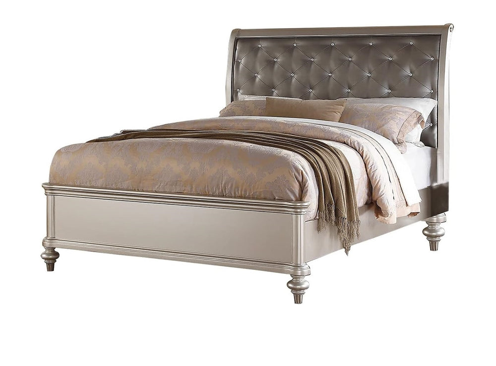 English Elm Silver Tufted Faux Leather Headboard Queen Bedframe with Crystal Shine Buttons, Nail Trim, Sturdy Bun Feet Champagne,Silver 10 L x 87 W x 6 H B011S01834