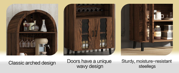 English Elm 71"Farmhouse Arched Wine Bar Cabinet with 15 Bottle Racks, 16 Glass Holders, Anti-Tip Safety for Living/Dining Brown Oak W2977P338256