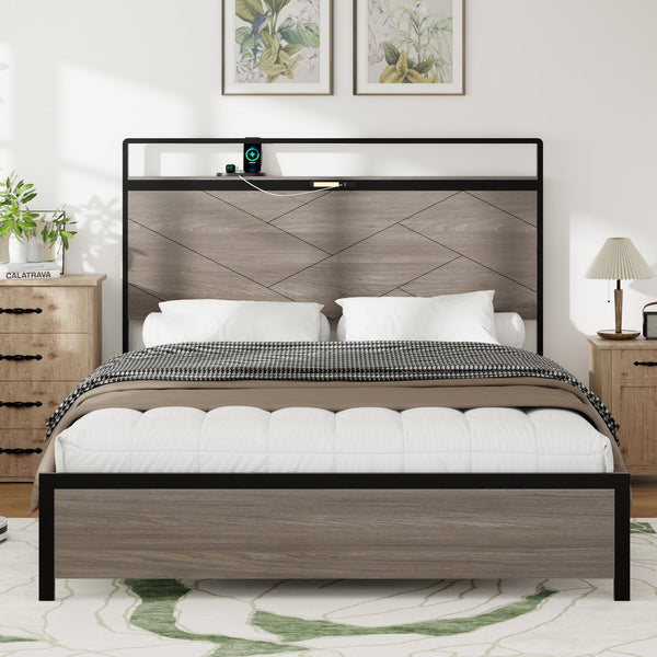 English Elm Bed Frame Full Size: Industrial-Style Wooden Platform With Led Headboard, Usb Charging & Storage W636P294910