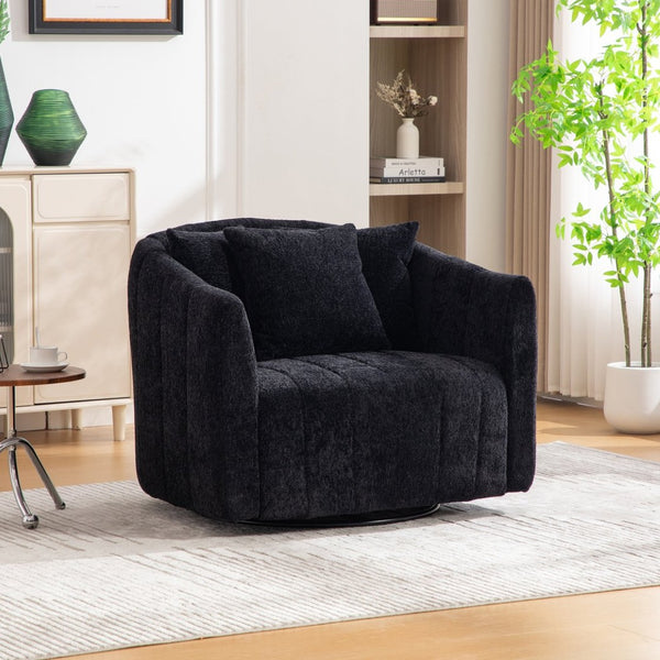 English Elm 39"w Chenille Barrel Swivel Chair Tufted Pumpkin Silhouette Cozy Reading Accent Seat Black W3118S00042
