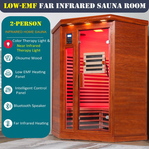English Elm Far Infrared Corner Sauna for Two Okoume Wood Low Emf Red Light Therapy Home Spa W3973S00012