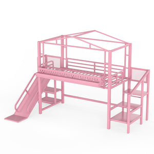 English Elm Twin Metal Loft Bed with Built-in Wardrobe Storage Stairs Led Lights and Usb Ports W5316S00046