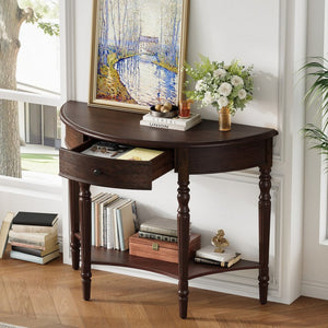 English Elm Trexm Farmhouse Half Moon Entryway Console with Drawer Open Shelf Pine Legs Espresso N715P383795P