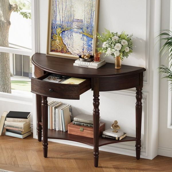 English Elm Trexm Farmhouse Half Moon Entryway Console with Drawer Open Shelf Pine Legs Espresso N715P383795P
