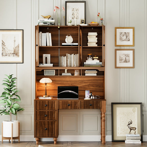 English Elm 47'' Retro Desk with Charging Ports, 5 Drawers & Glass-Door Hutch Cabinet for Home Office Walnut N733S357626D