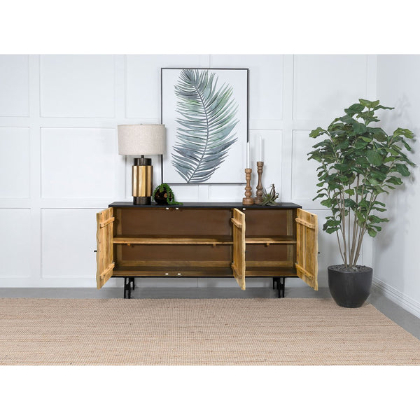 English Elm Madrid Rustic Natural & Black 3-Door Accent Cabinet with Textured Wood Doors, Adjustable Shelves, Iron Knobs (64"W) B062P358339