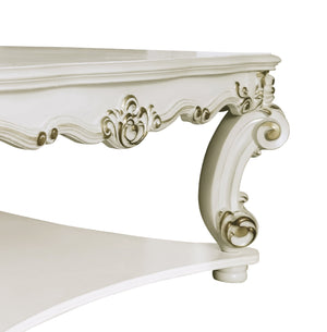 English Elm Vendome Antique Pearl Finish Square Coffee Table with Scrolled Legs and Bottom Shelf, Transitional Design Off White 51 L x 51 W x 10 H B2726P281470