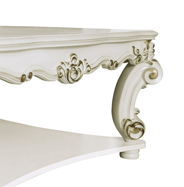 English Elm Vendome Antique Pearl Finish Square Coffee Table with Scrolled Legs and Bottom Shelf, Transitional Design Off White 51 L x 51 W x 10 H B2726P281470