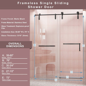 English Elm 56"-60" Frameless Sliding Shower Door Clear Tempered Glass Matte Black Steel Hardware W1920S00069