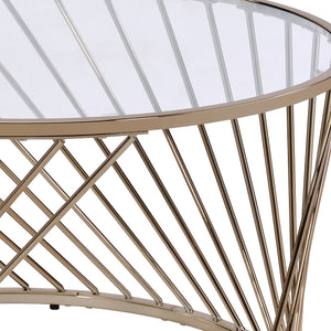 English Elm Bluelipe Champagne Finish Coffee Table with Clear Glass Top, Round Metal Drum Base, Modern Elegance B2726P244381