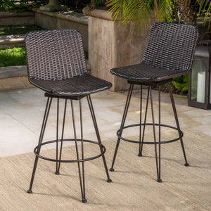 English Elm Christopher Knight Home® - 28" Outdoor PE Rattan Barstools Set of 2 — Multibrown Wicker Seats, Black Brush Copper Iron Frame, Mid-Century Style, Weather-Resistant, Easy Assembly N772P359232B