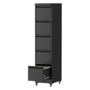 English Elm 5 Drawer Vertical File Cabinet on Wheels with Lock, Heavy-Duty Steel, Anti-Tilt Mobile Storage for A4/Letter/Legal Files Black T2398P310087
