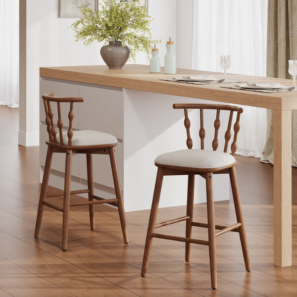 English Elm Christopher Knight Home® - Doria Sculptural Hourglass Back Barstool Set of 2 — Durable Rubberwood Frame, Plush Fabric Seat, Stylish Modern Appeal Beige,Walnut N775P299416W