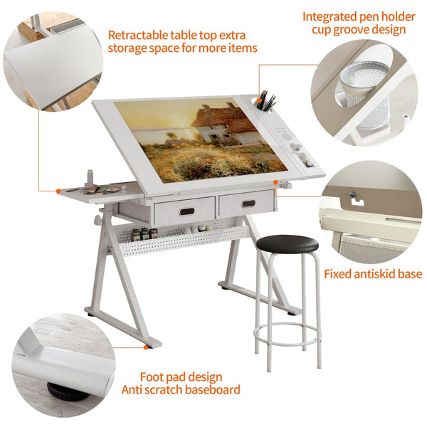 English Elm Adjustable Drafting Desk with Tilting Mdf Top Two Drawers and Stool for Home Studio W347P442069