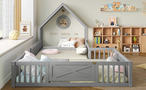 English Elm Full House Floor Bed with Door and Guardrails for Kids, Solid Wood Double Full, Safe Play Nook Grey W1580P354640